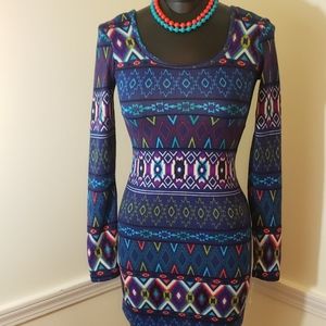 Sz XS Derek Heart Bright Pattern Bodycon Dress